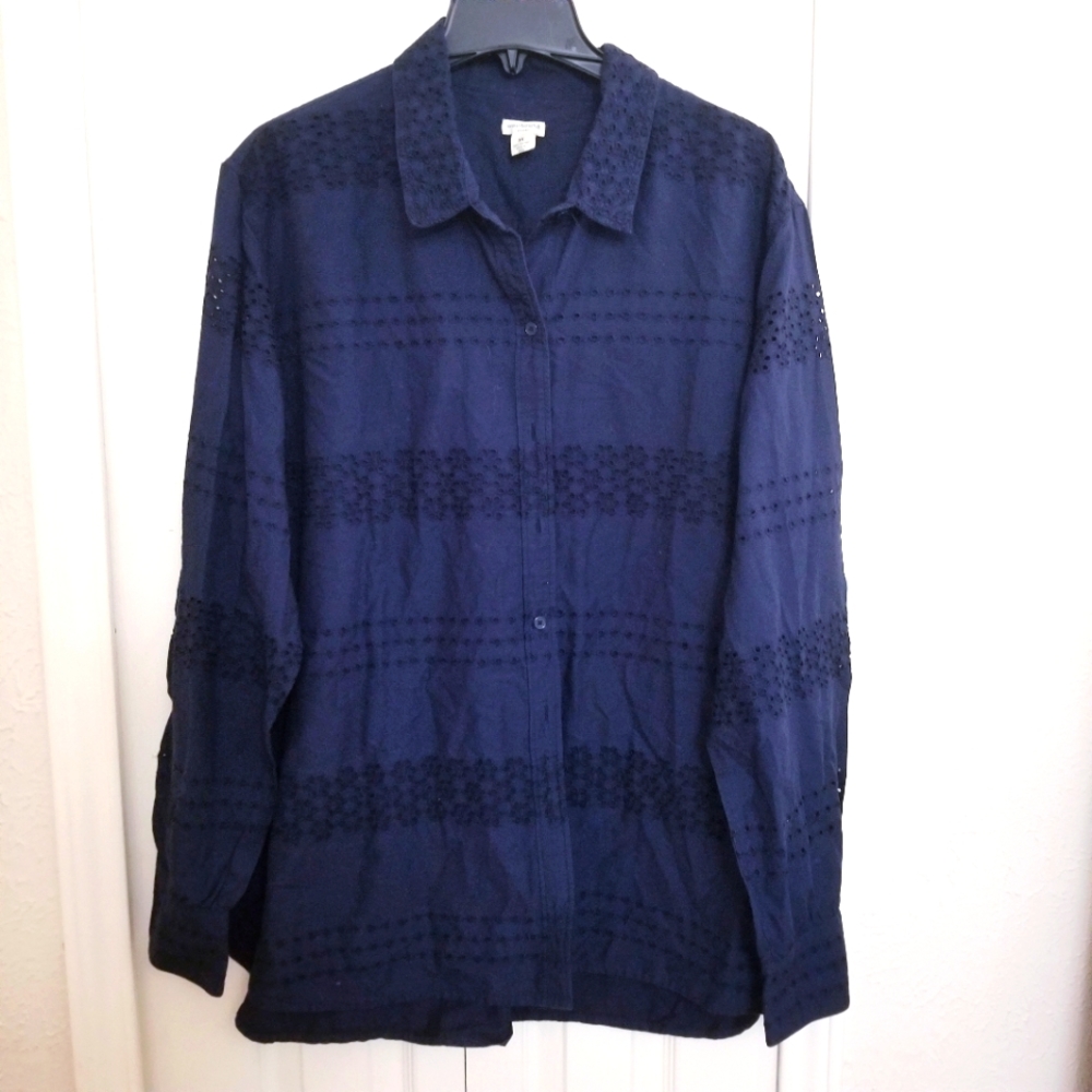 Eyelet Navy Button Down Blouse/Shirt - image 1